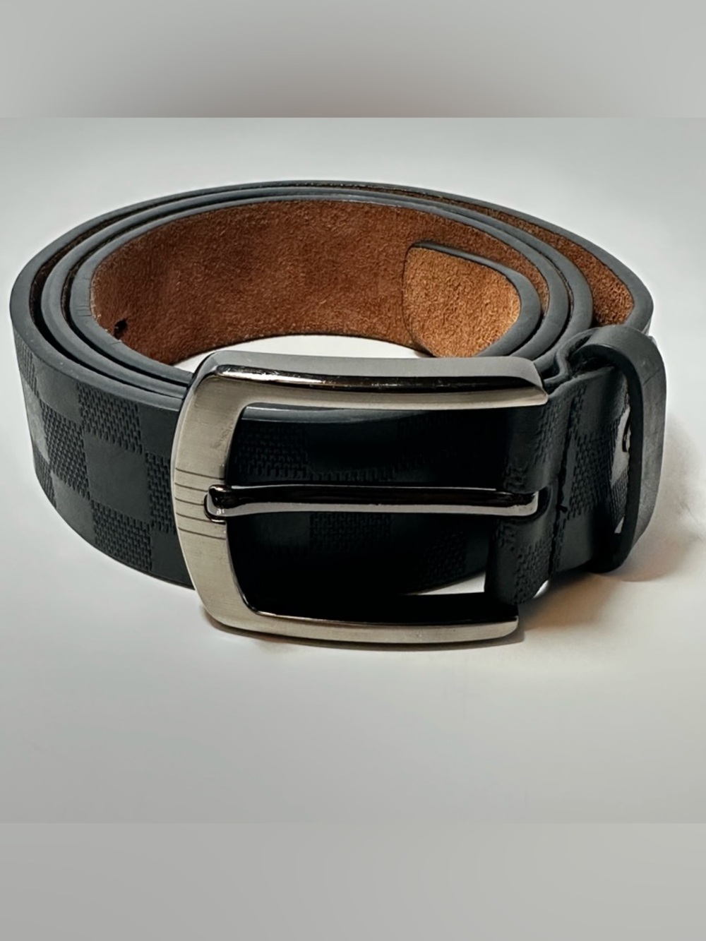 Men's Black Leather Checkered Belt 44"